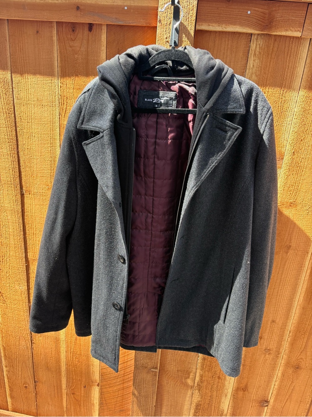 Black Rivet Men’s Black Wool Blend Hooded Coat Quilted Lined Jacket XL
